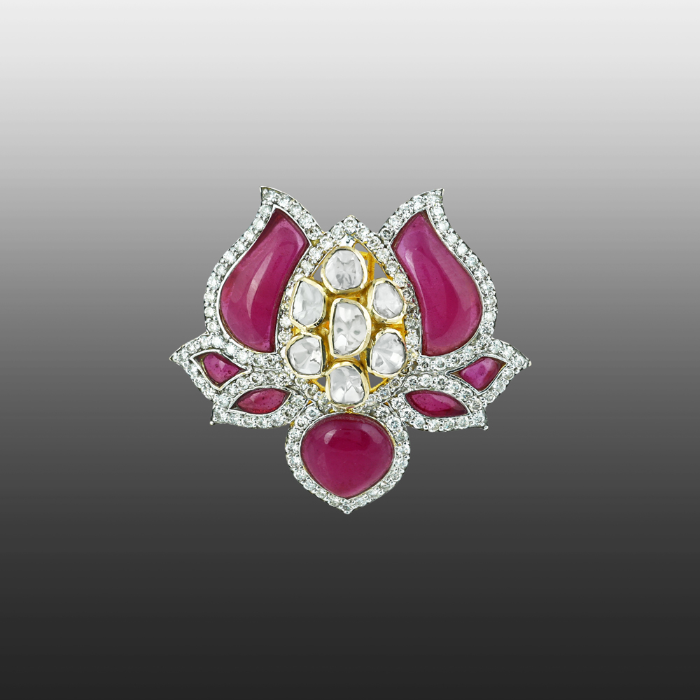 Lotus-Inspired Polki Ring with Red Talaf Stone and Diamonds